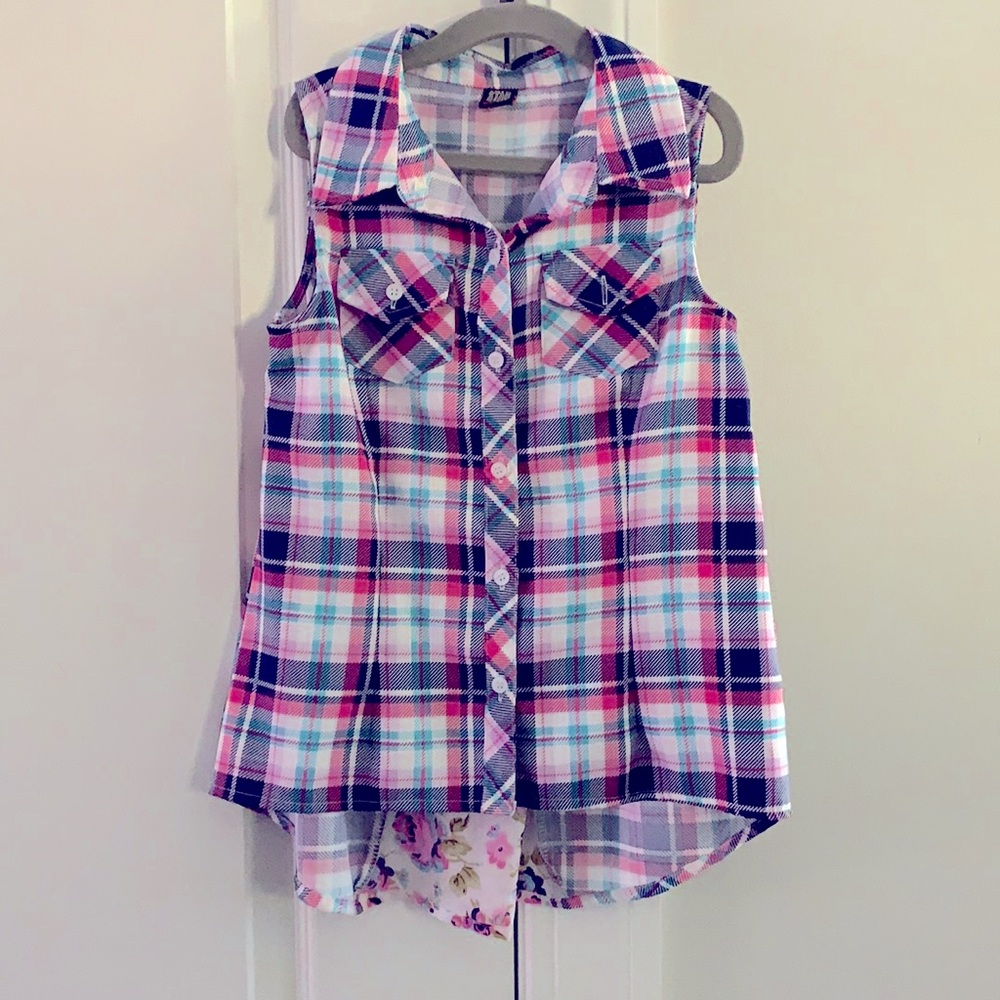 Girls button down flannel patterned tank top